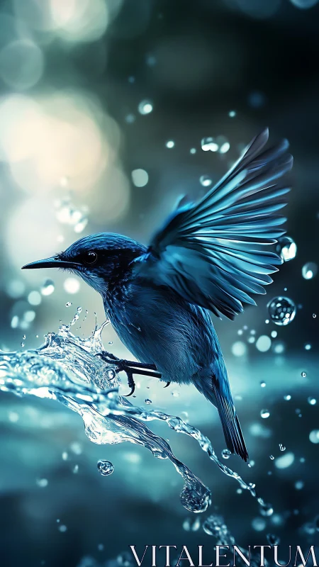Blue songbird bursts from water in luminous frozen splash.