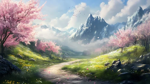 Spring mountain valley path under blooming cherry trees.