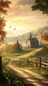 Sunlit country chapel along a winding autumn lane.