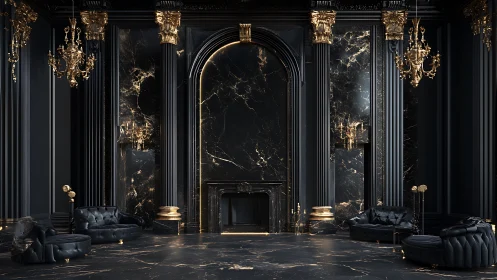 Neoclassical black marble salon with gilded baroque detailing.