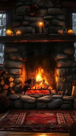 Glowing Hearth: Cozy Stone Fireplace with Dancing Flames.