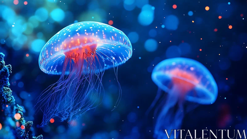 Bioluminescent jellyfish forms drift in a digitally rendered sea