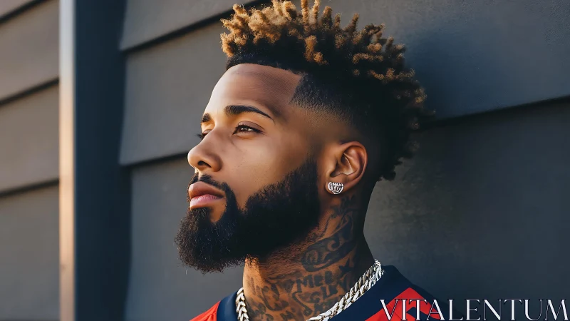 Side-lit urban portrait of tattooed man with styled hair.