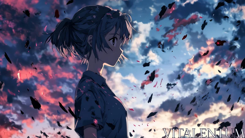 Side profile of anime girl under dramatic dusk sky.