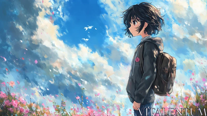 Bright sky day welcomes a thoughtful traveler among flowers