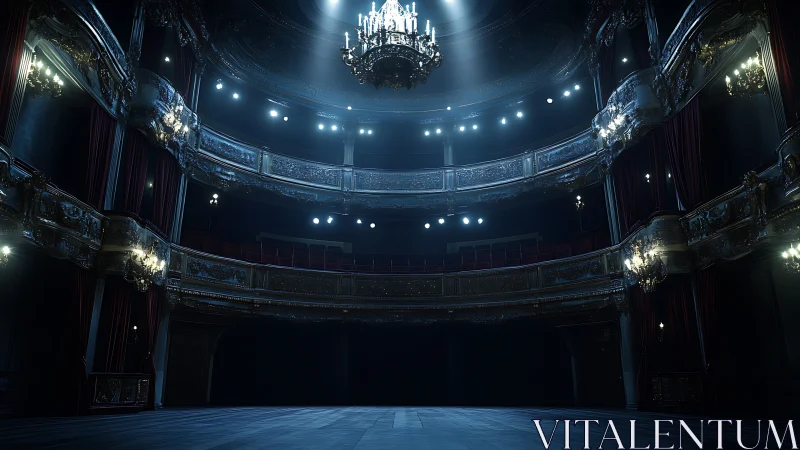 Chandelier‑lit proscenium theater interior under axial spotlight.