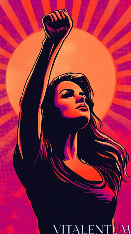 Bold woman raises her fist against a radiant rising sun