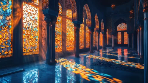 Sunlit stained glass hall bathes ornate arches in sacred glow