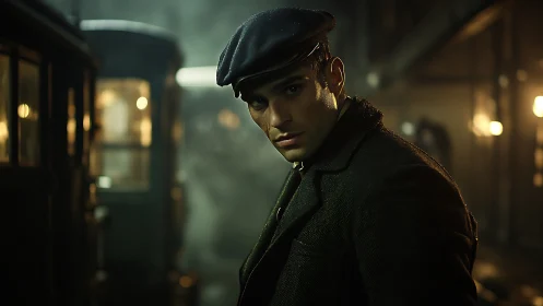 Noir rail-yard portrait with volumetric steam lighting.