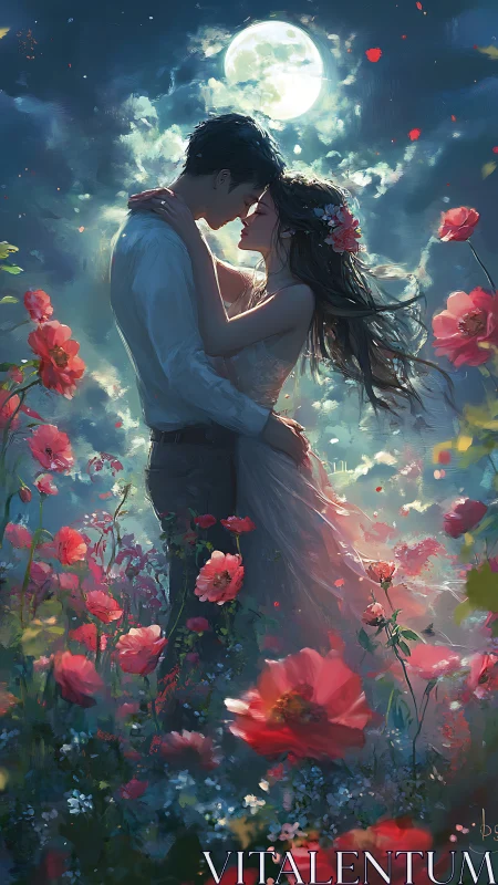 Moonlit Romance Amid Crimson Roses.