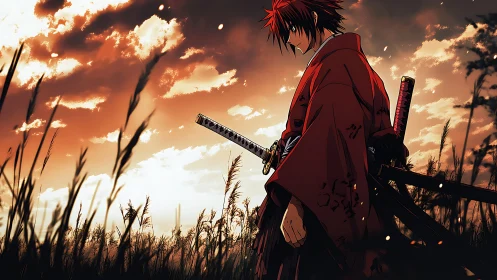 Samurai figure in sunset field with dual swords drawn.