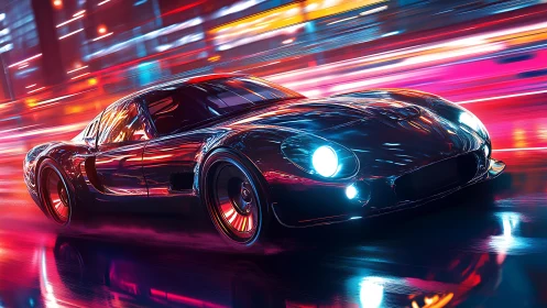 Retro supercar cuts neon streets in blazing midnight rush.