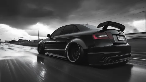Sleek black Audi sedan races along a wet highway at speed.