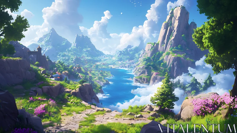 Luminous valley coastline in stylized fantasy landscape painting.