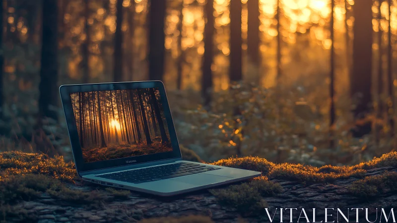 Laptop on mossy log with forest sunset on screen.