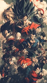 Dragon Ball warriors assemble in layered battle collage.