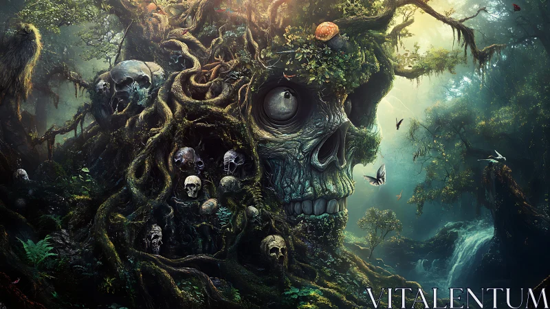 Forest skull-tree merges roots, bones and misty waterfall