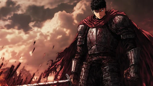 Armored swordsman under storm sky on burning battlefield.