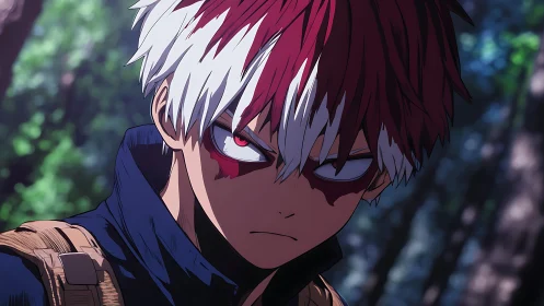 Dual-colored haired anime character in shaded forest scene.