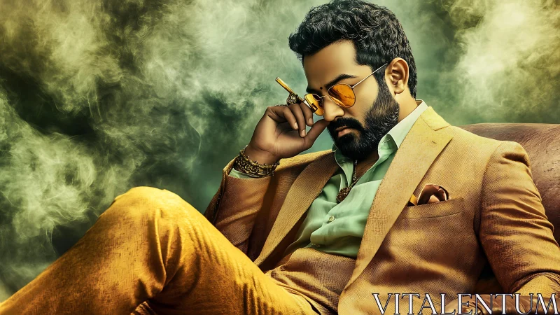 Stylish man in mustard suit amidst swirling smoke clouds.