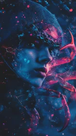 Moody blue portrait fused with glowing red crab claws.