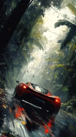 Scarlet supercar slipping through a rainwashed jungle road.