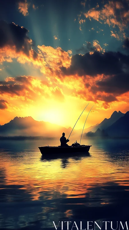 Golden lake sunset with a quiet fisherman in silhouette.