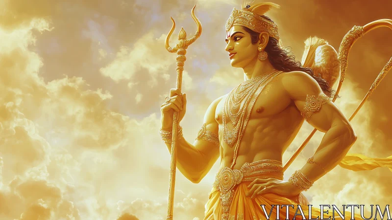 Golden warrior deity stands radiant amid luminous heavens