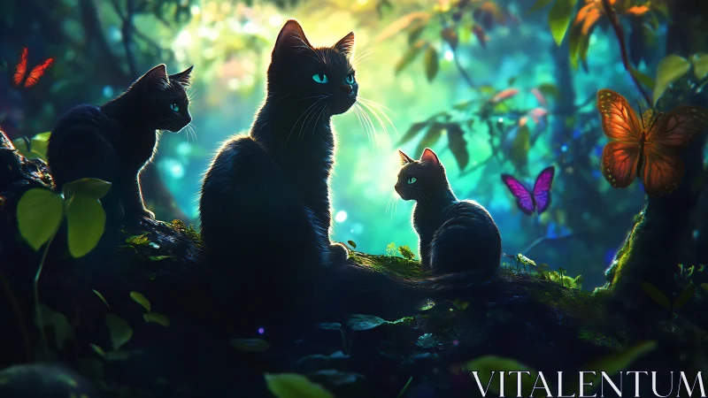 Three Black Felines in Ethereal Forest with Iridescent Butterfly Subjects