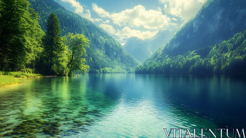 Mountain lake with emerald shoreline and forest reflections.