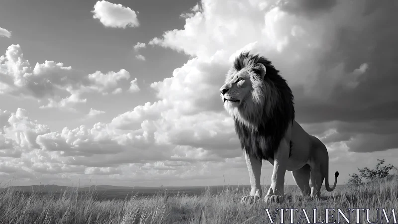 Stormlit lion quietly surveying wide open savanna skies.