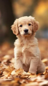 Golden puppy sitting on autumn leaves in warm light.