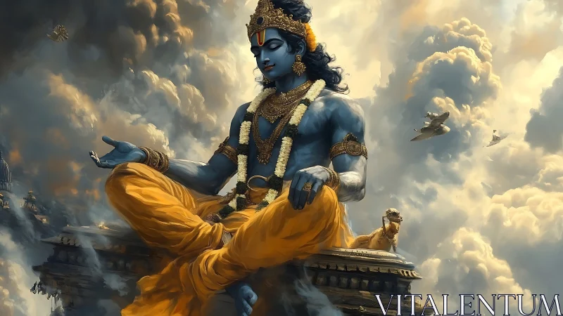 Serene blue deity in golden robes drifting through clouds.