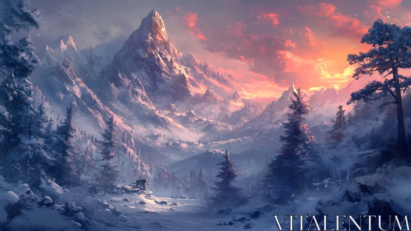 Snow covered mountain valley glows under vivid sunset sky