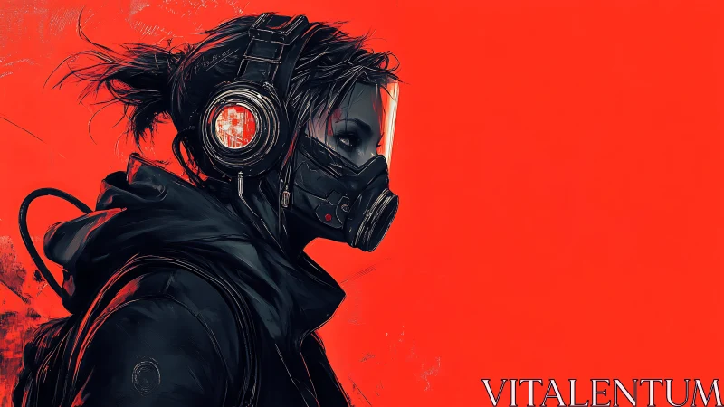 Hooded figure in gas mask with headset on red background.