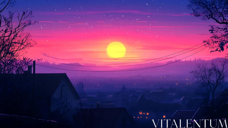 Twilight hillside settlement under saturated spectral sunset glow.