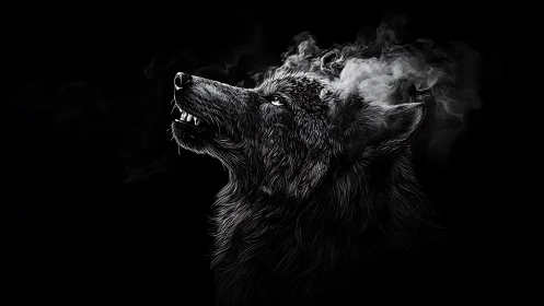 Smoldering wolf portrait emerges from darkness in smoky glow