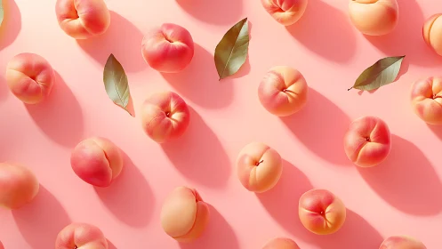 Ripe peaches cast soft shadows on pastel pink field.