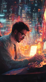 Programmer illuminated by neon data streams in dense cyber city