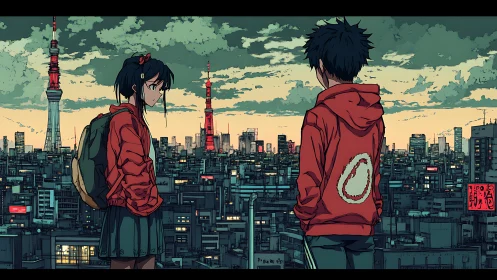 Urban rooftop panorama with two teens in red hoodies at dusk