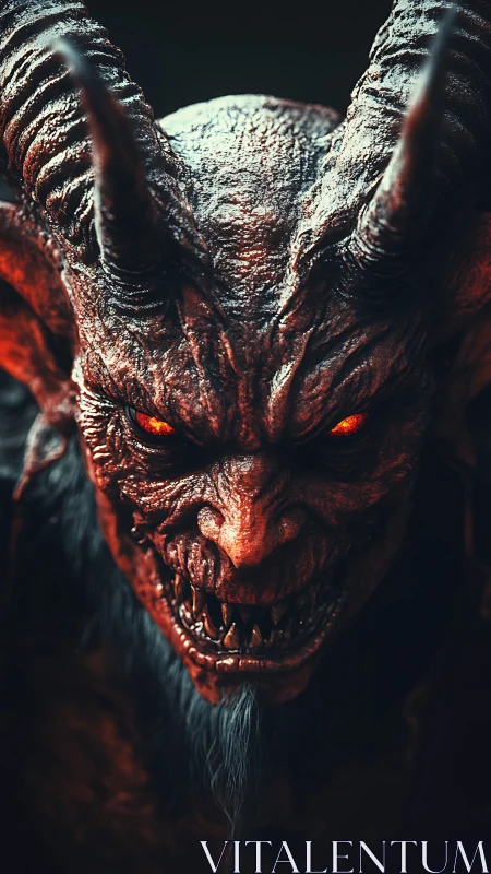 Volumetric-lit horned demon portrait with hyperreal skin microdetail.