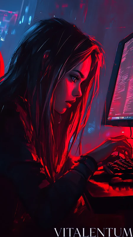 Focused hacker codes under neon red cyberpunk glow