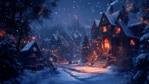 Snow-covered village street shows illuminated wooden houses at night