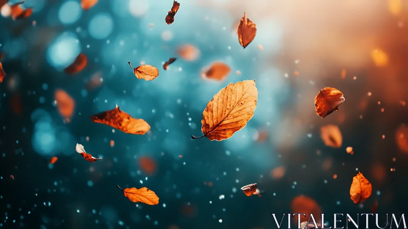 Golden autumn leaves swirl through cool teal bokeh air