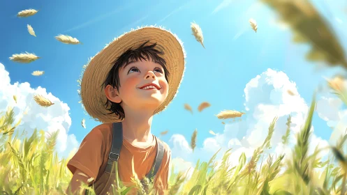 Sunlit summer day with a joyful child in golden fields.