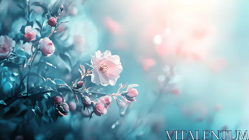 Delicate Pink Blossoms Against Dreamy Turquoise Haze.