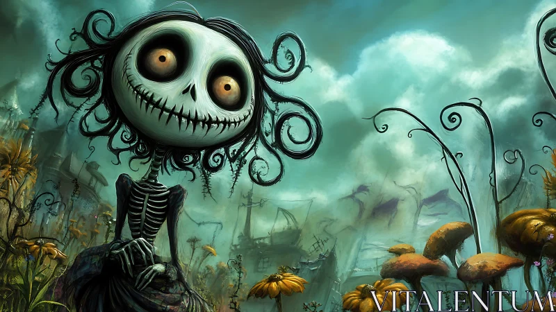 Spiral eyed skeleton daydreams in a crooked blossom graveyard