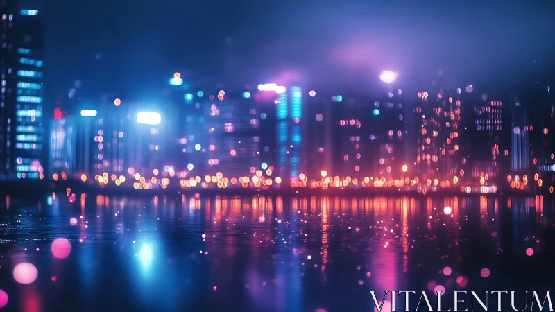 Neon high-rise skyline shimmers above glowing waterfront night.