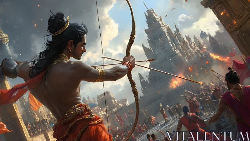 Heroic archer steadies his bow against a burning temple city