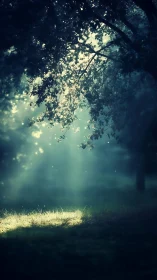 Mystic forest clearing under soft ethereal sunlight.